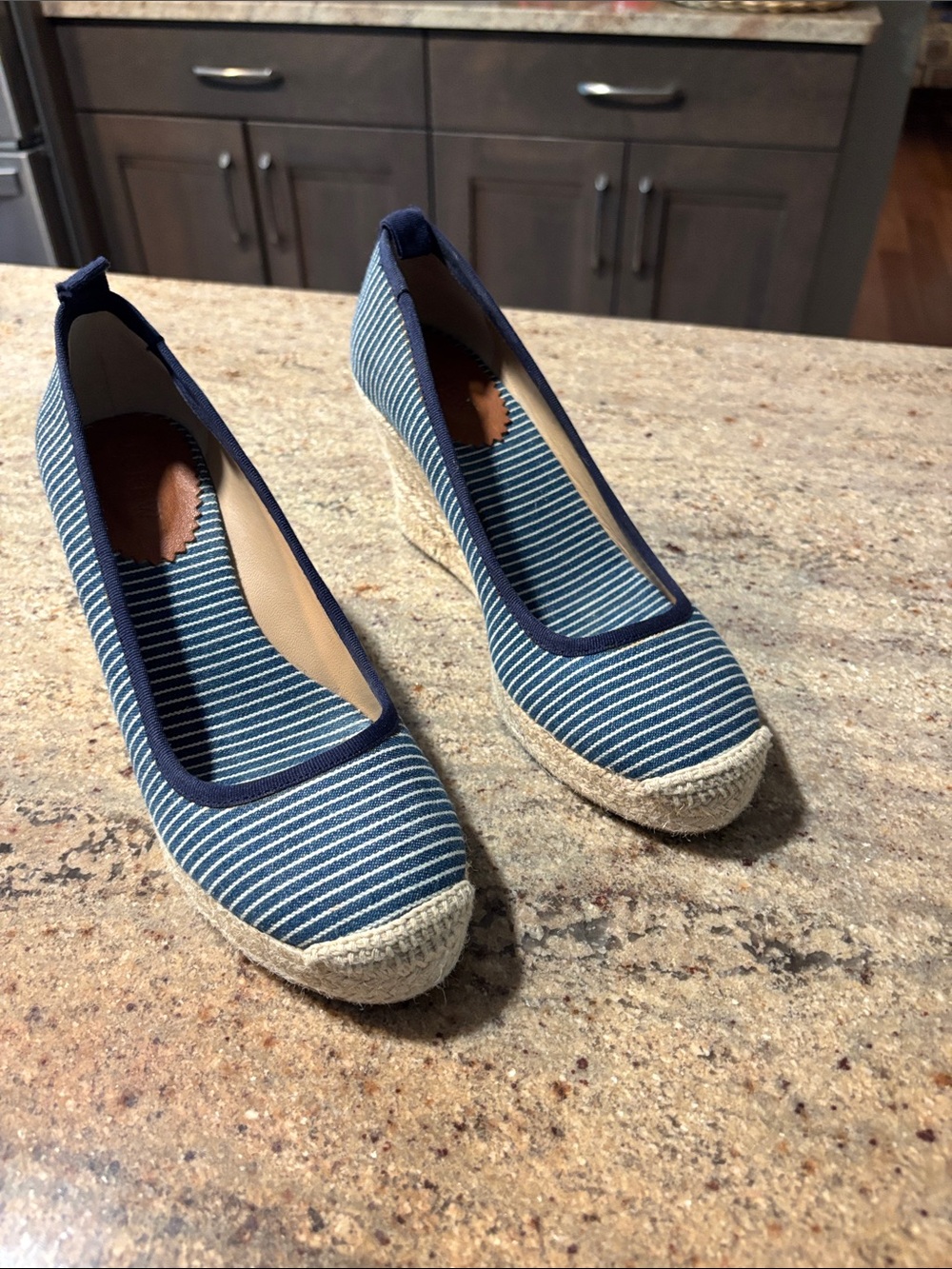 J. Crew Blue and White Striped Espadrille wedges